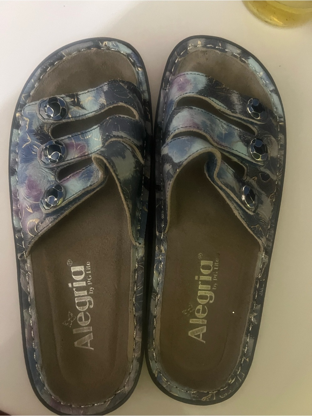 Alegria Iridescent Blue-Purple Slide Mules